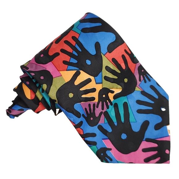 Rainbow Tie Necktie Geometric Hands Pride Inclusion Diversity Vintage 80s 90s - Picture 1 of 4